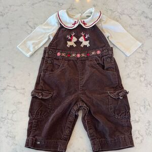 Gymboree Holiday Brown Corduroy Bib Overalls & Peter Pan Collar Undershirt. 3M